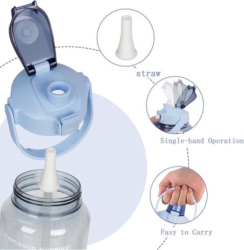 Motivational Water Bottles for Sport/Fitness/Camping,Water Bottles with Straw & Time Marker & Handle & 2 Pcs Brushes,BPA Free/Leakproof in Kuwait