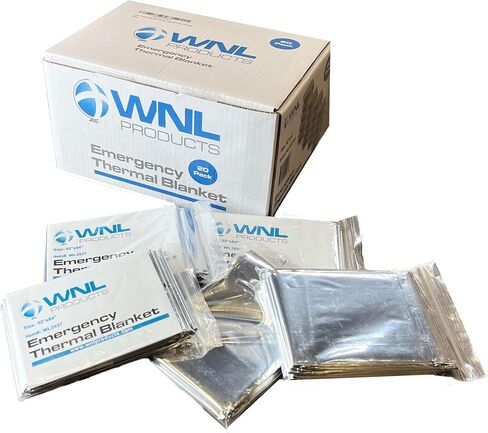 بطانية الطوارئ WL3537 من منتجات WNL - 20 بطانية حرارية حرارية فضية للبقاء على قيد الحياة، مقاس 52 بوصة × 84 بوصة (20 حزمة) in Kuwait