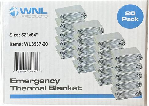 بطانية الطوارئ WL3537 من منتجات WNL - 20 بطانية حرارية حرارية فضية للبقاء على قيد الحياة، مقاس 52 بوصة × 84 بوصة (20 حزمة) in Kuwait