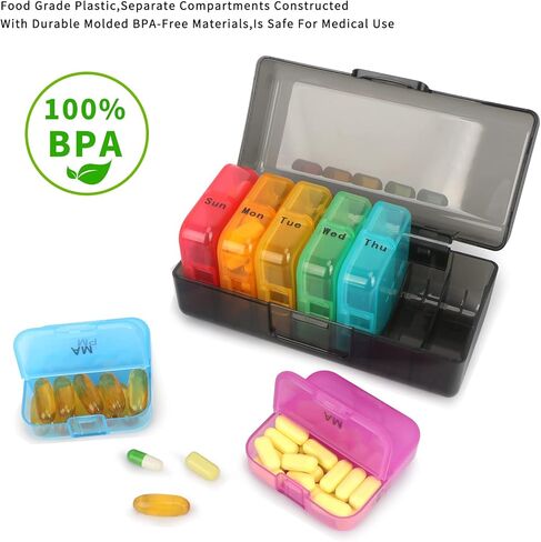 حاوية حبوب منع الحمل اليومية لمدة 7 أيام، صندوق حبوب كبير أسبوعي، علبة حبوب منع الحمل، منظم طبي مستدير مناسب للسفر، صندوق علبة فيتامين خالٍ من مادة BPA، حاوية حبوب منع الحمل لزيوت السمك المكملة لزيت كبد سمك القد in Kuwait