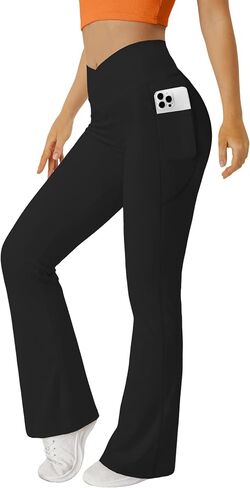 Girl's Crossover Flare Leggings with Pockets, V Cross High Waisted Yoga Bootcut Color Full Length Bell Bottoms in Saudi Arabia