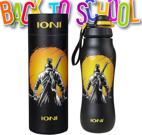 زجاجة مياه IONI للمدرسة سعة 22oz - زجاجة مياه مصممة من Ronin Art - مصنوعة من الفولاذ المقاوم للصدأ معزولة وخالية من البيسفينول A ومضادة للتسرب - زجاجة مياه ساموراي رياضية واسعة الفم للأطفال والكبار in Saudi Arabia