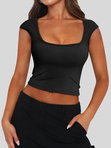 Bloggerlove المرأة مثير طاقم الرقبة عارية الذراعين المحاصيل القمم 2024 قصيرة الأكمام سليم صالح تي شيرت الأساسية Y2K كامي القمم in Kuwait