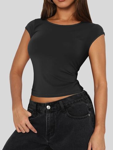 Bloggerlove المرأة مثير طاقم الرقبة عارية الذراعين المحاصيل القمم 2024 قصيرة الأكمام سليم صالح تي شيرت الأساسية Y2K كامي القمم in Kuwait