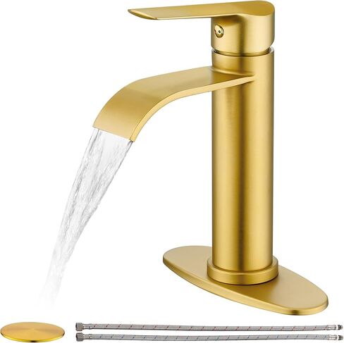 FROPO Gold Bathroom Faucets | Waterfall Single Hole Bathroom Sink Faucet with Deck Plate, 1 Hole Or 3 Hole for 4 Inch Brushed Gold Vanity Faucet with Pop-Up Drain Single Handle Lavatory Faucet in Saudi Arabia