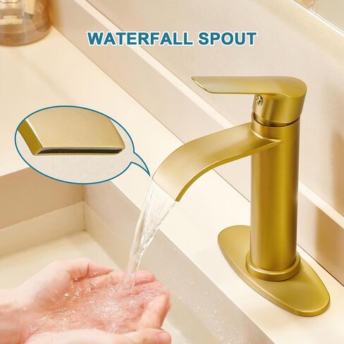FROPO Gold Bathroom Faucets | Waterfall Single Hole Bathroom Sink Faucet with Deck Plate, 1 Hole Or 3 Hole for 4 Inch Brushed Gold Vanity Faucet with Pop-Up Drain Single Handle Lavatory Faucet in Saudi Arabia