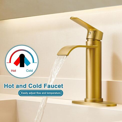 FROPO Gold Bathroom Faucets | Waterfall Single Hole Bathroom Sink Faucet with Deck Plate, 1 Hole Or 3 Hole for 4 Inch Brushed Gold Vanity Faucet with Pop-Up Drain Single Handle Lavatory Faucet in Saudi Arabia