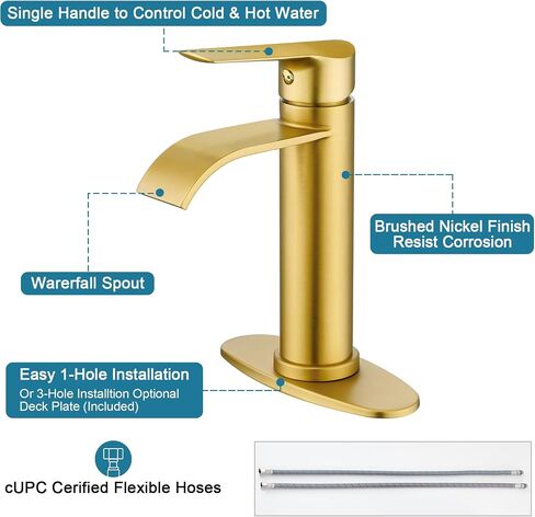 FROPO Gold Bathroom Faucets | Waterfall Single Hole Bathroom Sink Faucet with Deck Plate, 1 Hole Or 3 Hole for 4 Inch Brushed Gold Vanity Faucet with Pop-Up Drain Single Handle Lavatory Faucet in Saudi Arabia