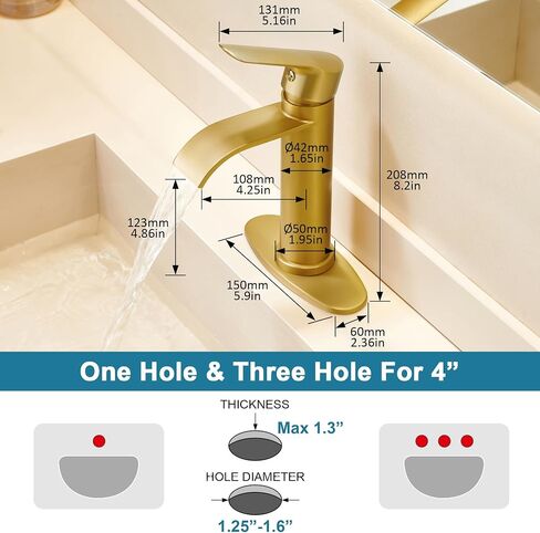 FROPO Gold Bathroom Faucets | Waterfall Single Hole Bathroom Sink Faucet with Deck Plate, 1 Hole Or 3 Hole for 4 Inch Brushed Gold Vanity Faucet with Pop-Up Drain Single Handle Lavatory Faucet in Saudi Arabia