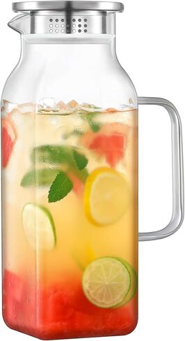 إبريق زجاجي مربع بسعة 2 لتر (68 أونصة) مع غطاء وصنبور، وأباريق مياه بمقبض للثلاجة، وإبريق زجاجي للمشروبات الساخنة/الباردة، وإبريق كبير للشاي المثلج والقهوة والعصير والحليب والمشروبات محلية الصنع in Kuwait