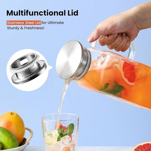 إبريق زجاجي مربع بسعة 2 لتر (68 أونصة) مع غطاء وصنبور، وأباريق مياه بمقبض للثلاجة، وإبريق زجاجي للمشروبات الساخنة/الباردة، وإبريق كبير للشاي المثلج والقهوة والعصير والحليب والمشروبات محلية الصنع in Kuwait