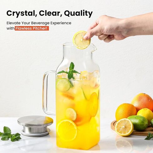 إبريق زجاجي مربع بسعة 2 لتر (68 أونصة) مع غطاء وصنبور، وأباريق مياه بمقبض للثلاجة، وإبريق زجاجي للمشروبات الساخنة/الباردة، وإبريق كبير للشاي المثلج والقهوة والعصير والحليب والمشروبات محلية الصنع in Kuwait