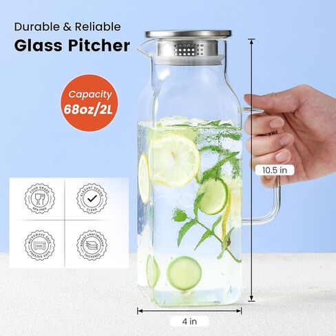 إبريق زجاجي مربع بسعة 2 لتر (68 أونصة) مع غطاء وصنبور، وأباريق مياه بمقبض للثلاجة، وإبريق زجاجي للمشروبات الساخنة/الباردة، وإبريق كبير للشاي المثلج والقهوة والعصير والحليب والمشروبات محلية الصنع in Kuwait
