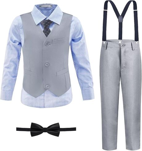 Boys' Suit Kids Formal Tuxedo Suits for Boys Wedding Outfits Dress Vest Pants Suspenders Set Adjustable Waist in Saudi Arabia