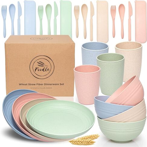 FOODLE Wheat Straw Dinnerware Sets for 4 - Lightweight & Unbreakable Dishes - Microwave & Dishwasher Safe - Perfect for Camping, Picnic, RV - Kids Plates and Bowls Sets - College Dorm Room Essentials in Saudi Arabia