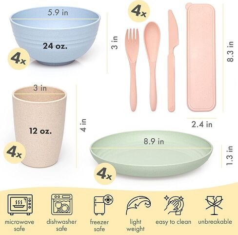 FOODLE Wheat Straw Dinnerware Sets for 4 - Lightweight & Unbreakable Dishes - Microwave & Dishwasher Safe - Perfect for Camping, Picnic, RV - Kids Plates and Bowls Sets - College Dorm Room Essentials in Saudi Arabia