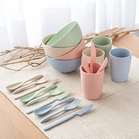 FOODLE Wheat Straw Dinnerware Sets for 4 - Lightweight & Unbreakable Dishes - Microwave & Dishwasher Safe - Perfect for Camping, Picnic, RV - Kids Plates and Bowls Sets - College Dorm Room Essentials in Saudi Arabia