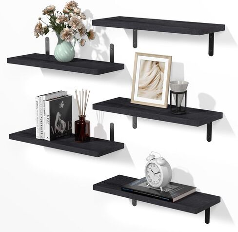 MOKA Shelves for Room Wall, Black Floating Shelves for Wall Decor, Width 6" Wall Shelves Set of 5, Small Wood Shelving Wall Mounted for Bedroom, Bathroom, Bathroom, Kitchen, Living Room, Corner in Saudi Arabia