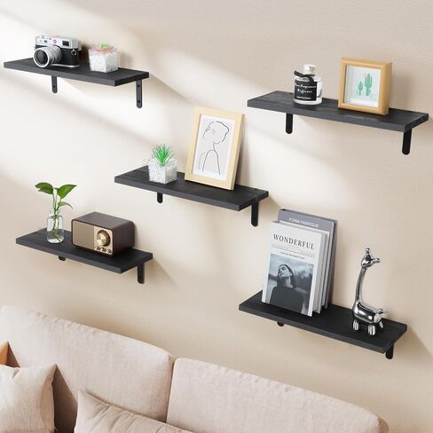 MOKA Shelves for Room Wall, Black Floating Shelves for Wall Decor, Width 6" Wall Shelves Set of 5, Small Wood Shelving Wall Mounted for Bedroom, Bathroom, Bathroom, Kitchen, Living Room, Corner in Saudi Arabia