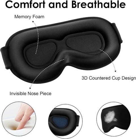 Sleep Eye Mask, 3D Contoured up Zero Pressure 99% Block Out Light Eye Cover with Adjustable Strap, Washable Breathable Lash Huggers Sleeping Masks for Women Men Home Travel Office Sleeping (Black) in Saudi Arabia