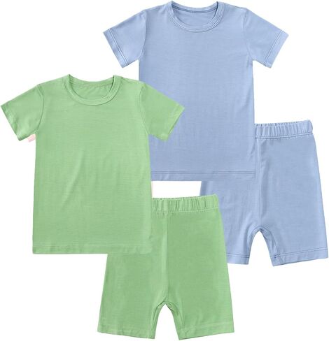 JunNeng Bamboo Viscose Toddler Pajamas Baby 4 Piece Summer Pjs, 12M-7Y | Cool Breathable, Short Sleeve, Snug Fit, Classic Solid Pajamas Sets for Boys Girls Kid in Saudi Arabia