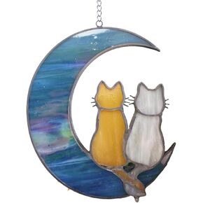 Blue Moon Cat Window Decoration Hanging,Alloy Cat Stained Painting Window Hangings, Acrylic Moon Decoration for Wall Courtyard Gift Pet Animal Cat Enthusiasts