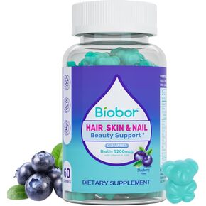 Hair Skin and Nails Vitamins Gummies,5200 mcg Biotin Vegan Chewable Supplement Supports Healthy Hair, Skin and Nails for Women Men with Vitamins A C D E (Blueberry,60 Count)