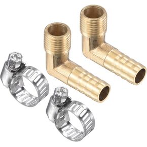 2 Pack Brass Hose Barb Fittings - 90 Degree Elbow 10mm Brass Pipe Connector with Hose Clamps Apply to Water(G1/4 Male Thread)