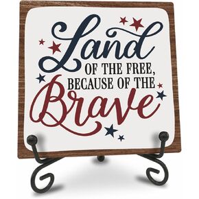 July 4th Wooden Plaque With Iron Stand - Free & Brave - 4"X4" Wood Sign For Memorial Day, America Patriotic Tabletop Signs, Shelf, Desk Decorations, Party Supplies - 07