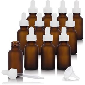 JUVITUS 1 oz / 30 ml Frosted Amber Glass Boston Round Bottle with White Dropper (12 pack) + Funnel