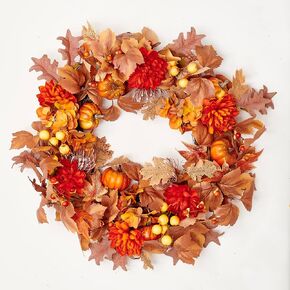 24" Artificial Fall Flowers Pumpkin Berries Natural Twig Base Wreath, Multicolor