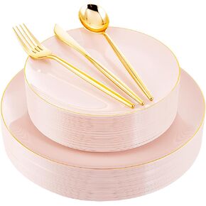 I00000 150Pcs Black Plastic Plates, Gold Plastic Dinnerware,Heavy Duty Black Gold Plates for 30 Guests Include 30 Dinner Plates,30 Dessert Plates,90 Gold Cutlery for Wedding & Party