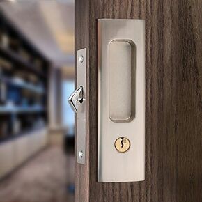 Privacy Pocket Door Lock Hardware with Key, Pocket Door Lock Handle Invisible Wooden Barn Door Latch, Interior Privacy Furniture Hardware Matte Black 1 Pack