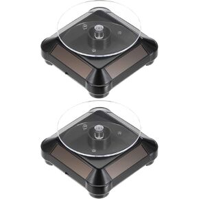 2pcs Solar Display Stand Turntable 3.54" Plate Dia Battery Double Use LED Light 360° Two-Way Rotating ABS Plastic Automatic Revolving Display for 3D Print Jewelry Displaying, Black
