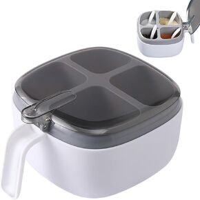 Seasoning Box with Lid and Spoon, 4 Compartment Spice Pots with Handle for Household kitchen for Salt Sugar Pepper Powder, Leakproof, Easy to Clean