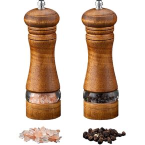 Salt and Pepper Grinder Set,Manual Salt and Pepper Mill,Refillable Sea Salt Grinder & Pepper Grinder,Wooden Salt and Pepper Shakers with Adjustable Coarseness-2 Pack-6.5Inches