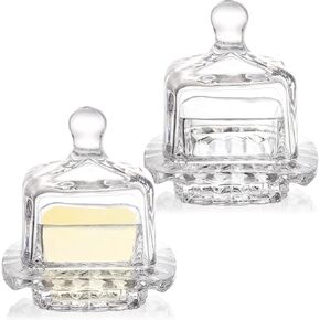 Frcctre 2 Pack Glass Butter Dish, Small Glass Butter Keeper with Dome Lid and Handle, Clear Covered Butter Serving Dish Decorative Crystal Mini Butter Container Butter Cloche