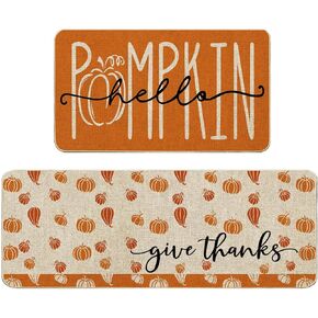 Baccessor Hello Pumpkin Fall Kitchen Rugs Set of 2,Pumpkins Autumn Kitchen Floor Mats Low-Profile Non Slip Absorbent Thanksgiving Home Kitchen Decoration 17x29 and 17x47 Inch