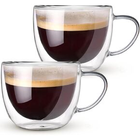 Double Walled Glass Coffee Mugs Set of 2, 8 oz Hand Blown Insulated Coffee Mugs with Handle, Clear Coffee Mugs for Cappuccino, Latte, Americano, Tea Bag, Beverage Glasses Heat Resistant Coffee Cups