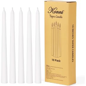 KONNI 10 Inch White Taper Candles, Unscented and Smokeless Tall Candlesticks, 10 Pack Tapered Candles with Cotton Wicks, Long Burning, Ideal for Weddings, Dinner Parties, and Home Décor