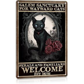 Gothic Decor Salem Black Cat Sign Halloween Decor Goth Room Wall Vintage Posters Whimsigoth Home Kitchen Decor Witchy Metal Sign 8x12 Inches
