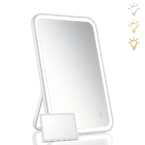 Lighted Vanity Makeup Mirror with Lights 3 Color Lighting Modes Rechargeable Touch Screen Adjustable Tabletop Wall Hanging Led Light Up Mirror with Mini 5X Hand Mirror