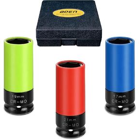 BOEN 1/2" Drive Wheel Protector Impact Socket, Non-Marring Lug Nut Thin Wall Deep Socket Set, CR-MO, 6 Point, Color-Coded Protective Socket | Metric 17 19 21 mm (3 PCS)