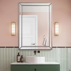 Head West Metro Beaded Champagne Silver Beveled Bathroom Vanity Mirror Wall Decor for Living Room, Vintage Bathroom Mirrors for Over Sink, Decorative Wall Mirrors for Bedroom, Entryway, Hallway 30x42