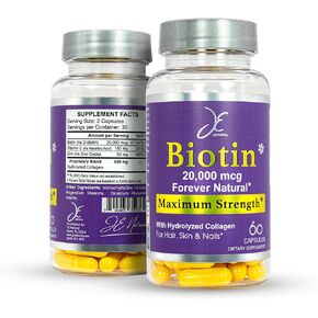 Biotin Hair Skin and Nails Vitamins, Vitamin C, Biotin and Collagen supplements That Make Hair Grow Faster and Longer, for All Ages, 60 Capsules of Biotin 20000mcg Maximum Strength.
