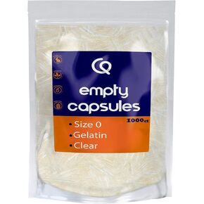 Empty Gelatin Capsules, 1000 ct Fillable, Size 0, Clear, Non-GMO & Food-Grade, Gluten-Free & Allergen-Free Gel Caps, No Additives or Preservatives, Lab-Verified & Made in USA, Resealable Bag