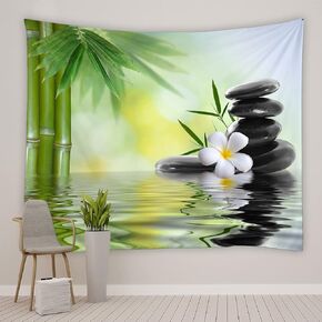 Zen Garden Tapestry Spa Green Bamboo Black Stone White Flower Spring Plant Scenery Pattern Living Room Bedroom Decor Backdrop Dormitory Bedside Polyester Fabric Hanging Tapestry 90 x 70 Inches