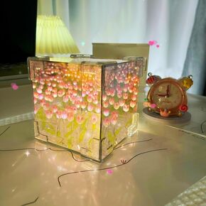Generic Tulips Cube Mirror Box of The Flower Sea DIY Small Night Light Rose Bouquet Present Birthday Wedding Gift for Mother's Day Girlfriend (Blue)