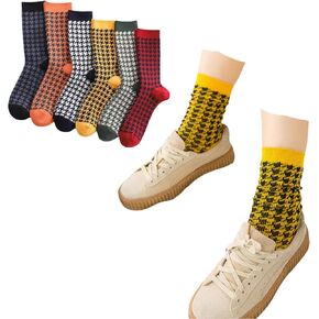 Houndstooth Socks Retro High Ankle Women 6 Pairs Cotton Double-Needle Double-Layer Contrast Color Design