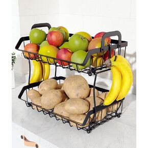 3-Tier Fruit Basket for Kitchen Counter with Banana Hangers, Countertop Organizer Fruit Bowls with Wood Top, Fruit Storage Basket Stand for Storage Potato Onion Bread Snack Fruit Veggie